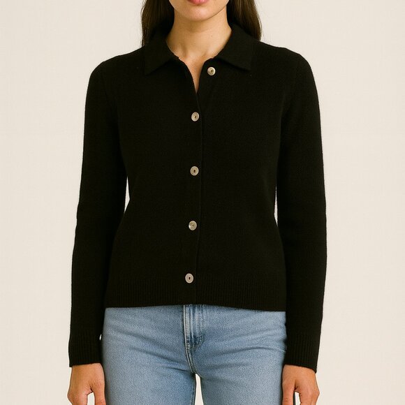 Vintage Neiman Marcus 100% Cashmere Button Front Collared Cardigan Black Size L - Picture 1 of 4